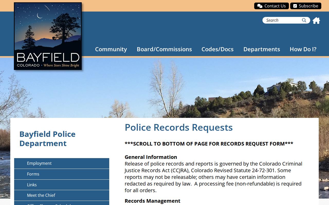 Bayfield criminal records request rules and police form