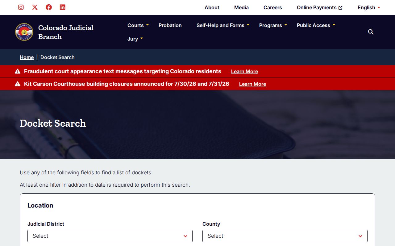 La Plata County criminal court cases docket search form