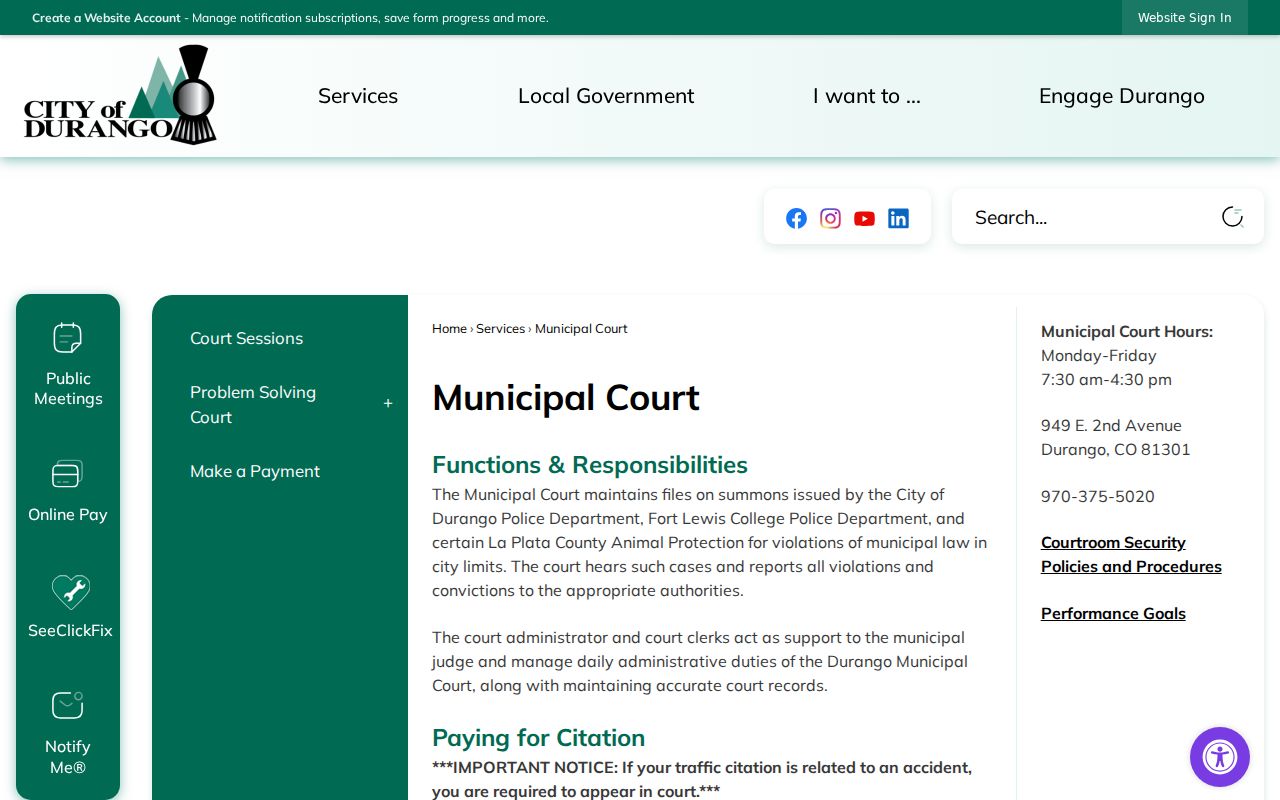 Durango criminal records municipal court functions and case scope