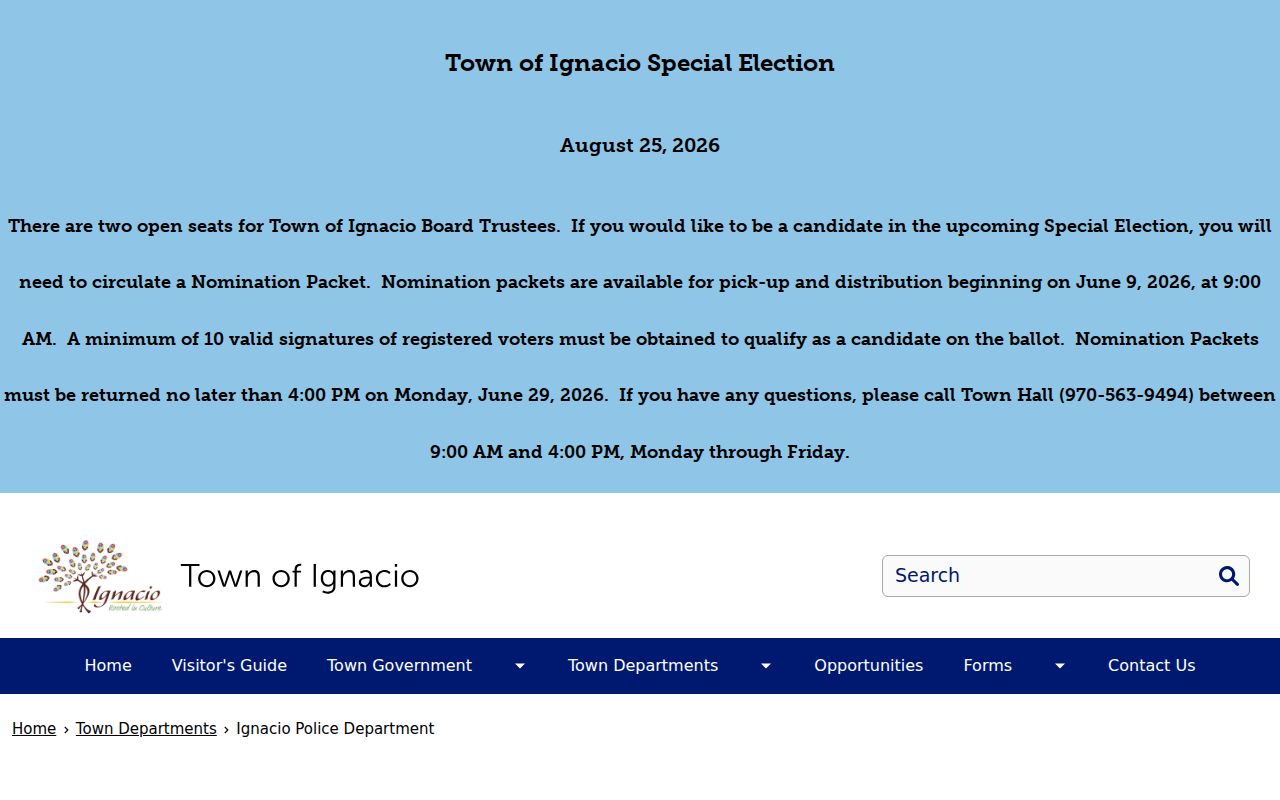 Ignacio criminal records contact page for the Ignacio Police Department